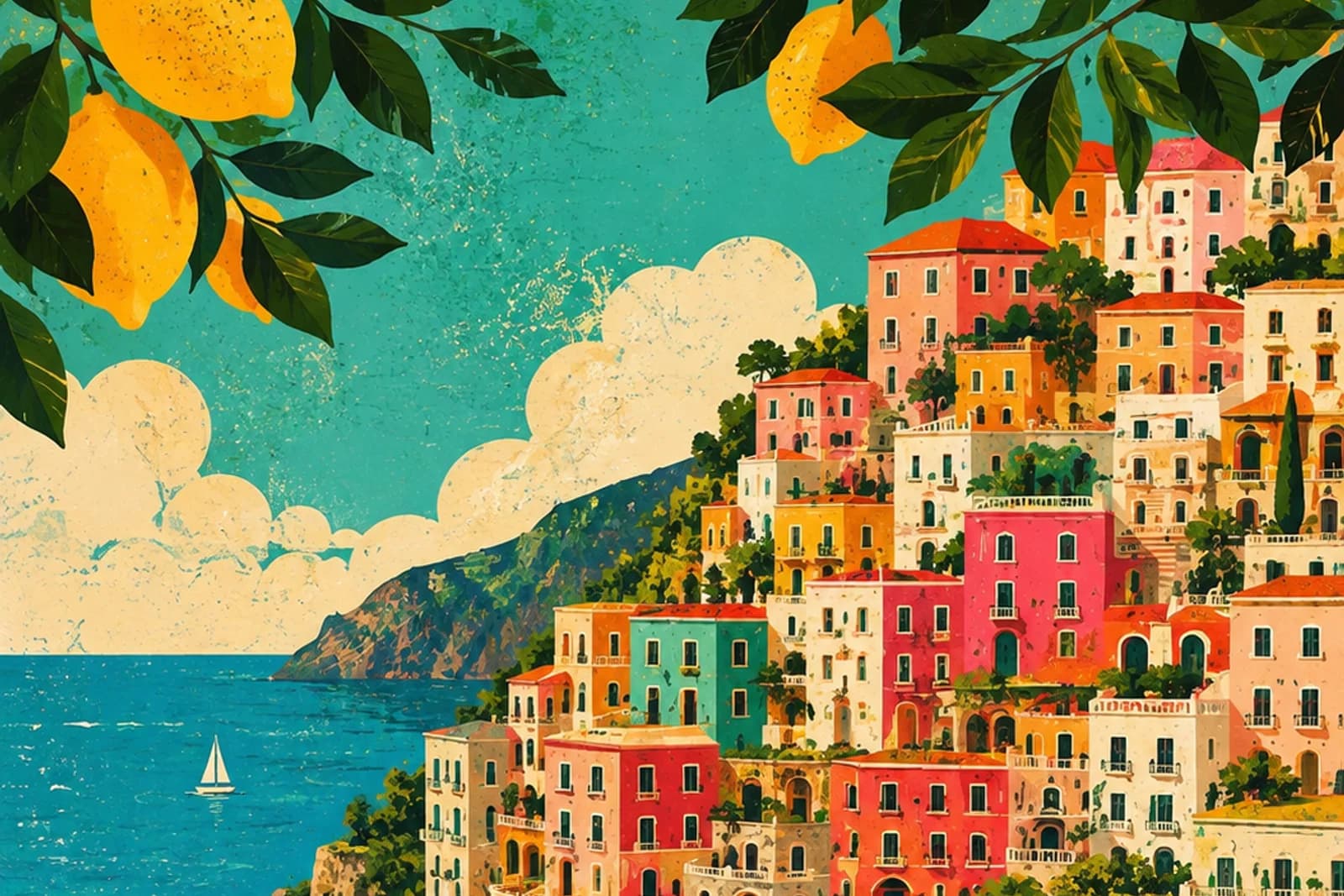 Illustrated Italian coastal town seen from a café table, with lemon branches and umbrellas on the beach below